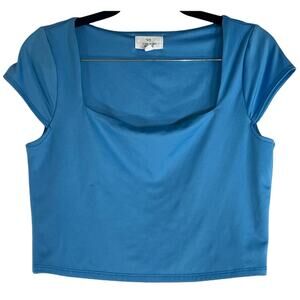 Live In The Moment Blue Cropped Square Neck Short Sleeve Top Size L